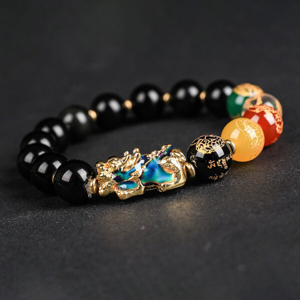 Natural Rainbow-Eye Black Obsidian Bracelet with Pixiu Charm – Premium 10 mm Gemstone Beads for Men & Women