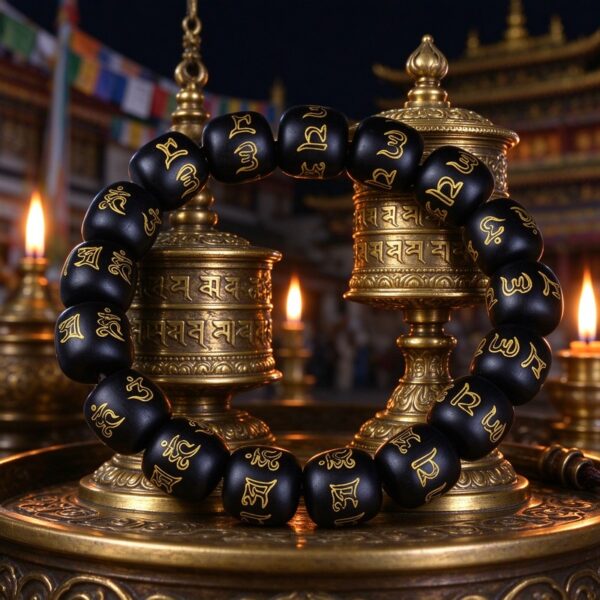 170cf9e9-50f0-467c-b870-d02cdfd553fb Tibetan Buddhist Six-Word Mantra Black Sandalwood Bracelet