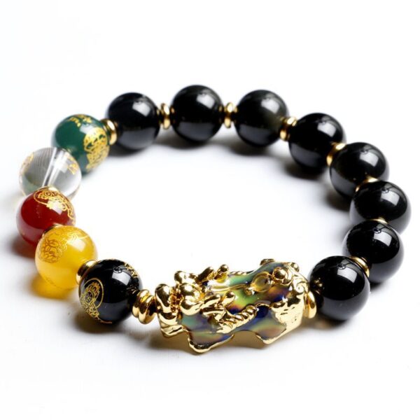 Natural Rainbow-Eye Black Obsidian Bracelet with Pixiu Charm – Premium 10 mm Gemstone Beads for Men & Women