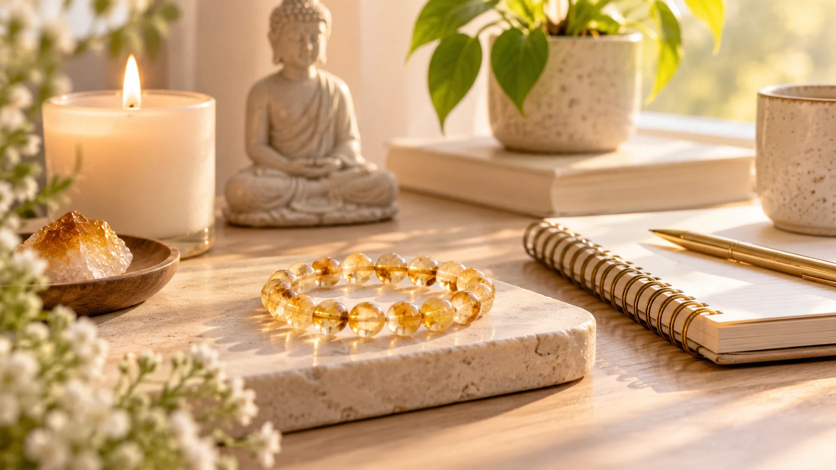 Citrine bracelet placed in a mindfulness setting with crystals and journal for personal reflection