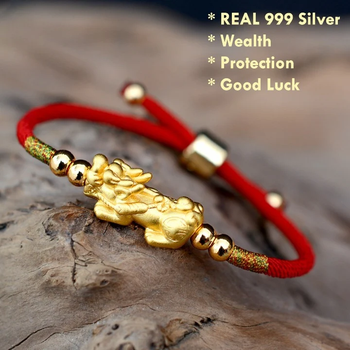 999 silver gold plated Pixiu red string bracelet for wealth protection and good luck