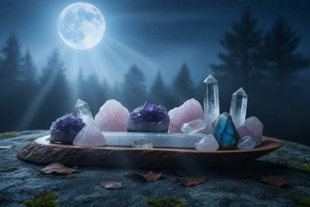 Healing crystals charging under the full moon after cleansing