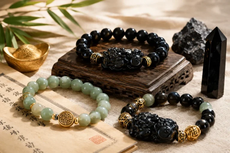 Feng Shui bracelets featuring Pixiu, jade and black obsidian for wealth, protection and balance