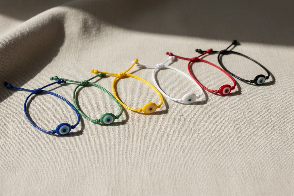 Different evil eye bracelet colors including dark blue, light blue, red, green, yellow, white, and black with their traditional symbolic meanings.