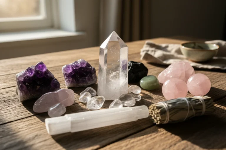 Natural healing crystals for energy cleansing including clear quartz, amethyst, black obsidian, jade and selenite