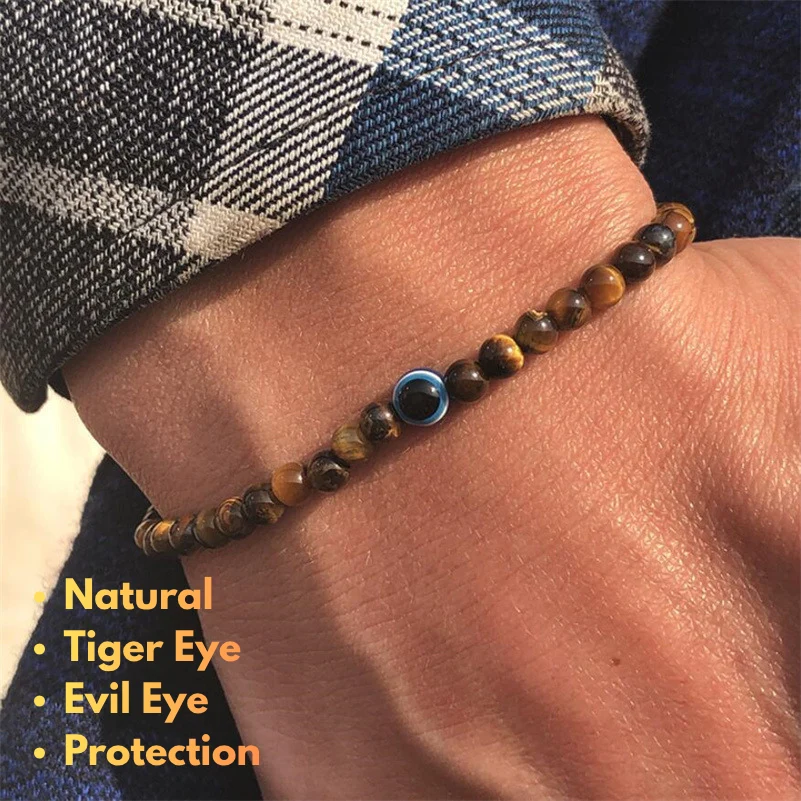 Genuine Tiger Eye Evil Eye bracelet for men with hematite accents and 4 mm natural gemstone beads