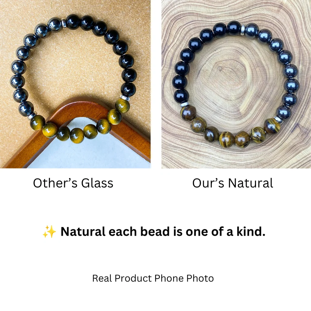 real vs fake tiger eye bracelet comparison showing natural chatoyancy