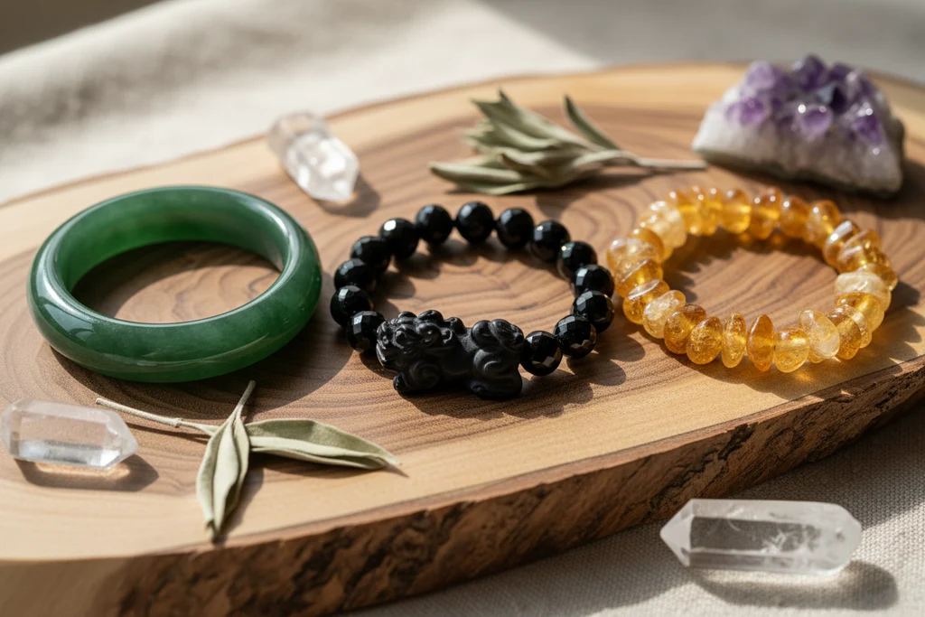 Natural Feng Shui bracelets including black obsidian Pixiu bracelet, jade bracelet and citrine bracelet