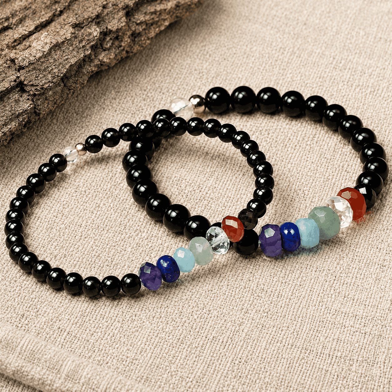 Slim 4 mm rainbow gemstone black obsidian bracelet for stacking