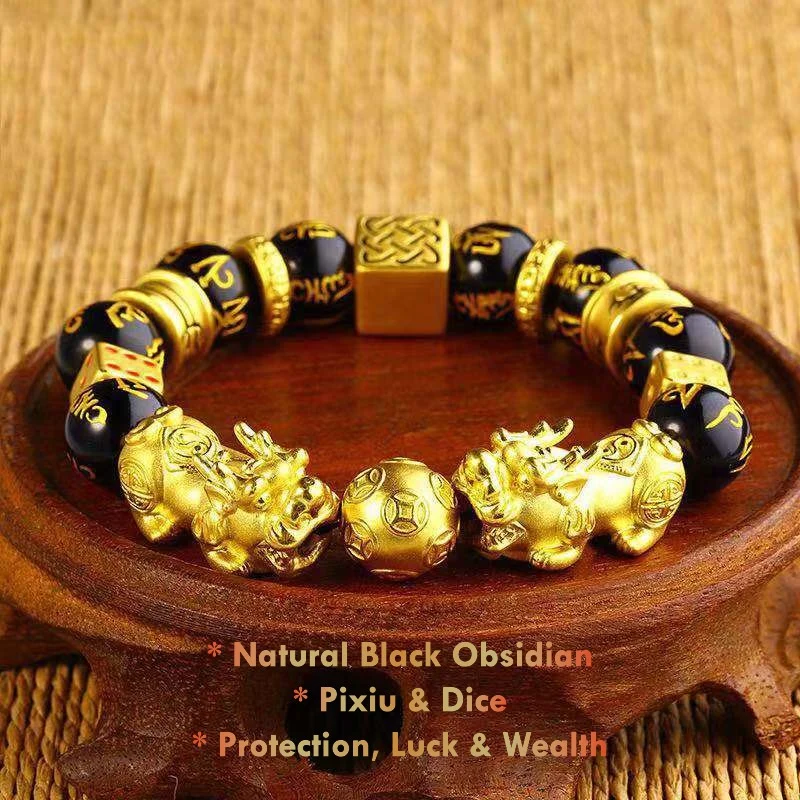 black obsidian double Pixiu bracelet for wealth protection and Feng Shui luck