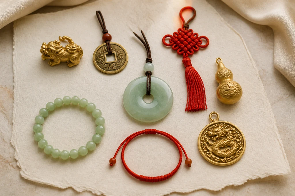 Chinese Feng Shui good luck symbols including Pixiu, jade Pi Disc and lucky knot