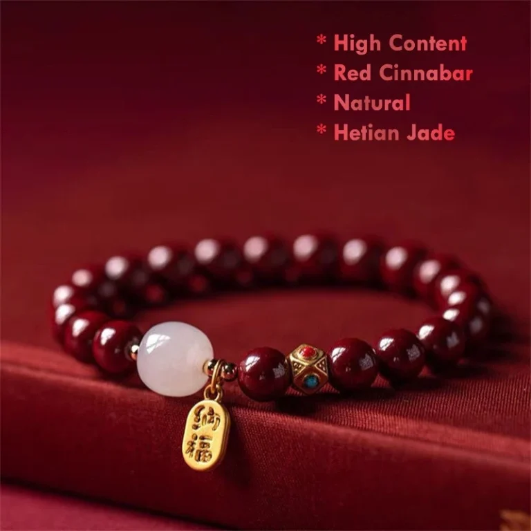 polished cinnabar bracelet red beads Chinese symbolic jewelry close up