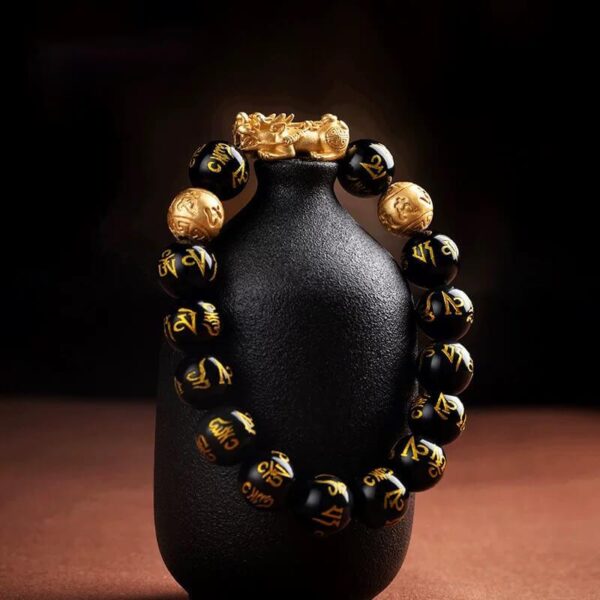 Feng_Shui_Black_Obsidian_Pi_Xiu_Bracelet Black Obsidian Pixiu Bracelet with Mantra Beads