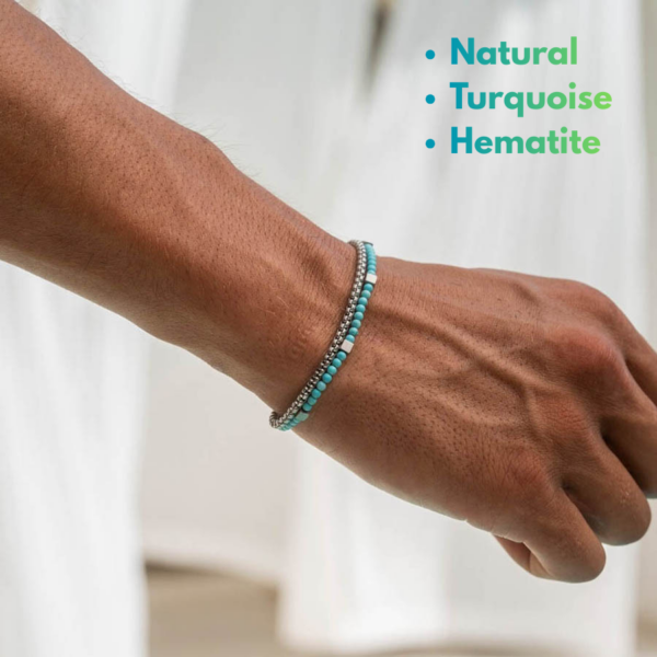 Men’s Turquoise & Hematite Bracelet – Natural Stone Beaded Stacked Bracelet for Men (Blue Turquoise + Metallic Hematite)