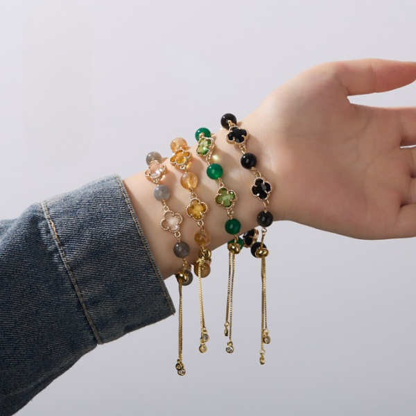 Green Agate Four-Leaf Clover Bracelet for Women