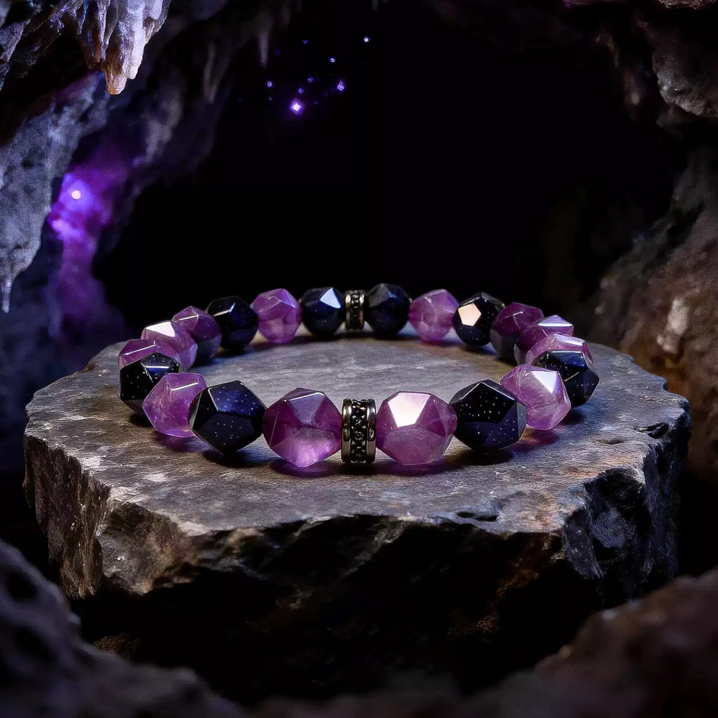 Faceted amethyst and blue goldstone bracelet in classic protective blue tones