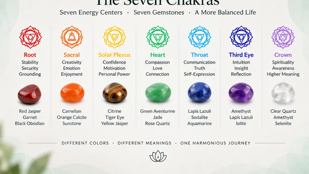 Seven chakras chart with chakra colors, meanings and associated gemstones