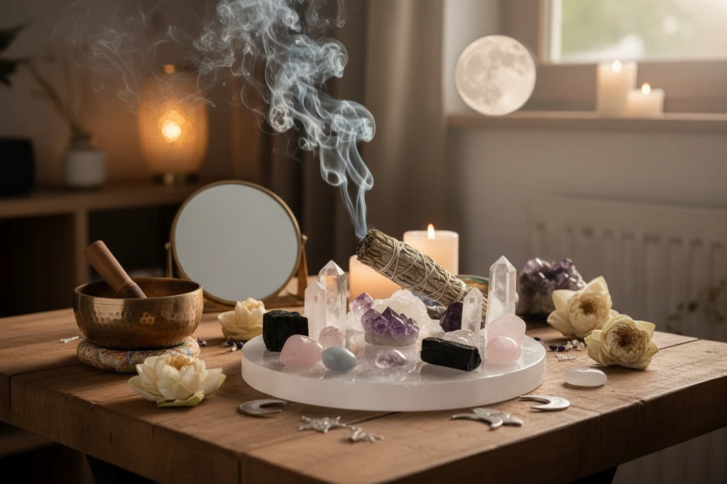 Popular crystal cleansing methods including moonlight, sage, singing bowl and selenite plate