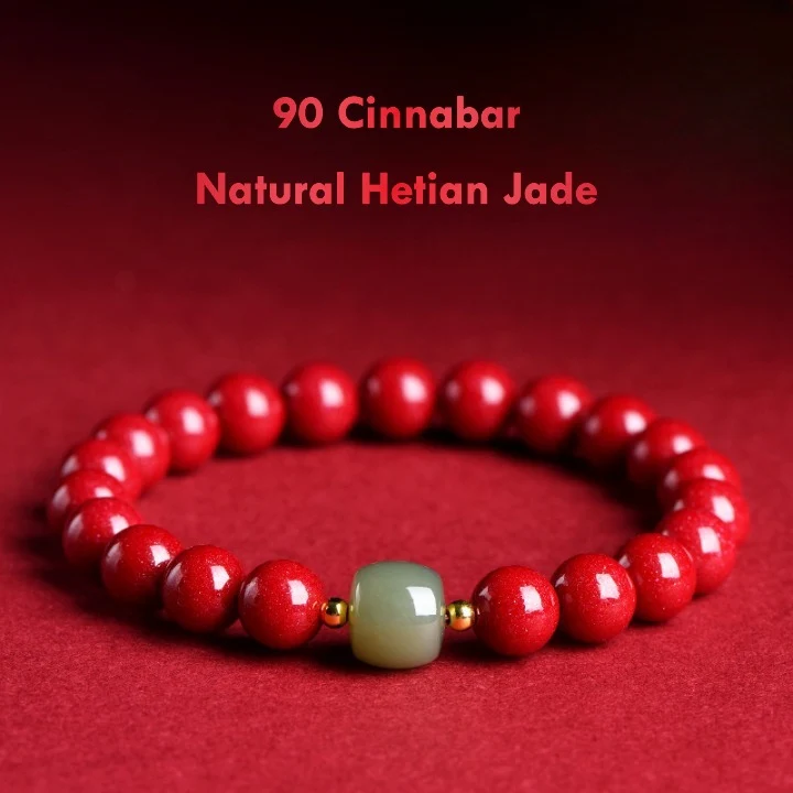 red cinnabar beads with green Hetian jade bracelet traditional Chinese jewelry