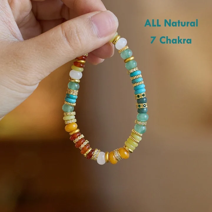 7 chakra natural stone slice bead bracelet handmade gold accents balance vitality
