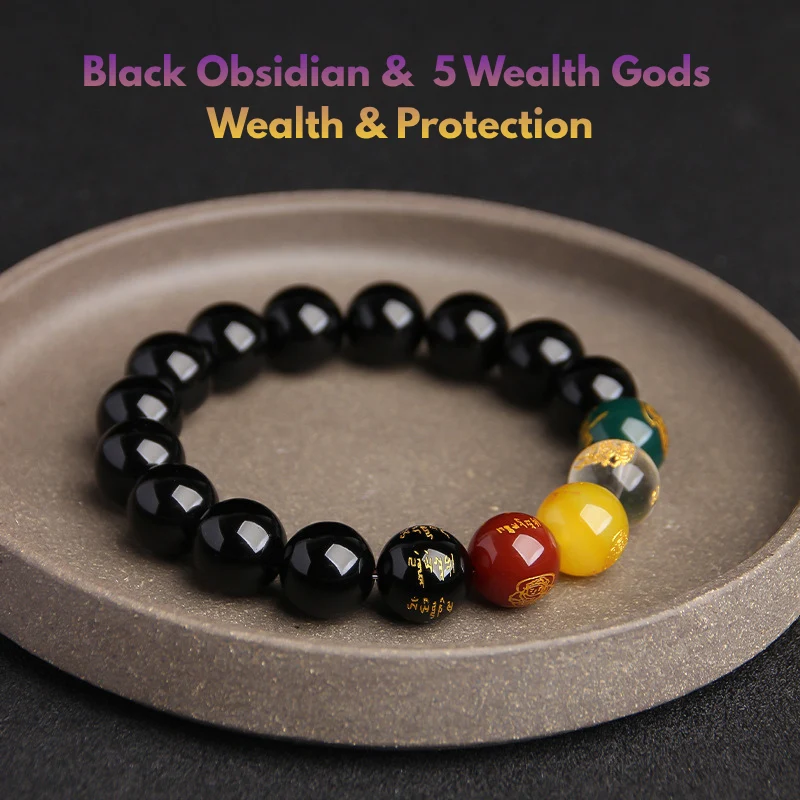 Pixiu wealth bracelet left wrist
- Pixiu + Black Obsidian — classic wealth protection combo
- Citrine beaded bracelet — merchant’s stone for sales and business
- Green Jade bracelet — traditional Chinese prosperity symbol
- Gold-plated coin bracelet — imperial wealth energy
Exception: Right Hand for Wealth
Some practitioners recommend the right hand for wealth when:
- you are actively negotiating or closing deals
- you need to project financial confidence
- you’re in a leadership position managing money
- you want to influence others’ perception of your success
Explore our Wealth Bracelet Collection
Protection Bracelets: Left or Right?
![Natural black obsidian five wealth gods bracelet for protection and prosperity