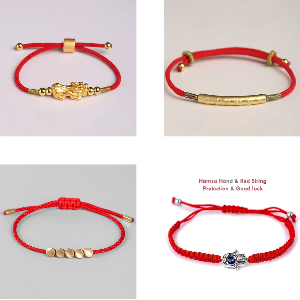 Different types of red string bracelet charms including Pixiu, jade, money knot, and cinnabar
