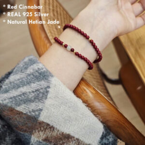 Natural Cinnabar & Hetian Jade Bracelet with 925 Silver – 4mm Beads for Protection, Balance & Positive Energy