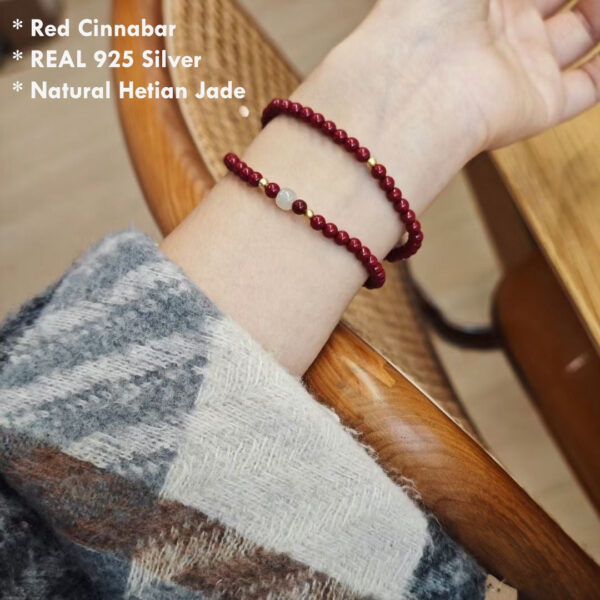 Natural Cinnabar & Hetian Jade Bracelet with 925 Silver – 4mm Beads for Protection, Balance & Positive Energy