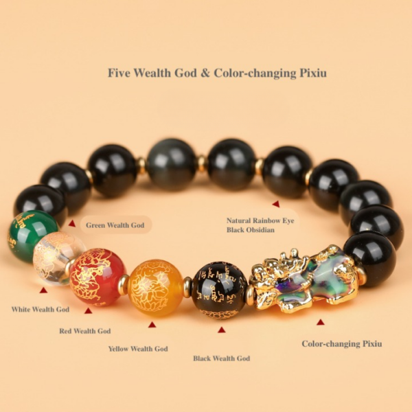 Natural Rainbow-Eye Black Obsidian Bracelet with Pixiu Charm – Premium 10 mm Gemstone Beads for Men & Women