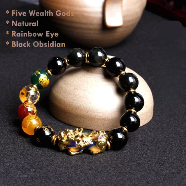 Natural Rainbow-Eye Black Obsidian Bracelet with Pixiu Charm – Premium 10 mm Gemstone Beads for Men & Women