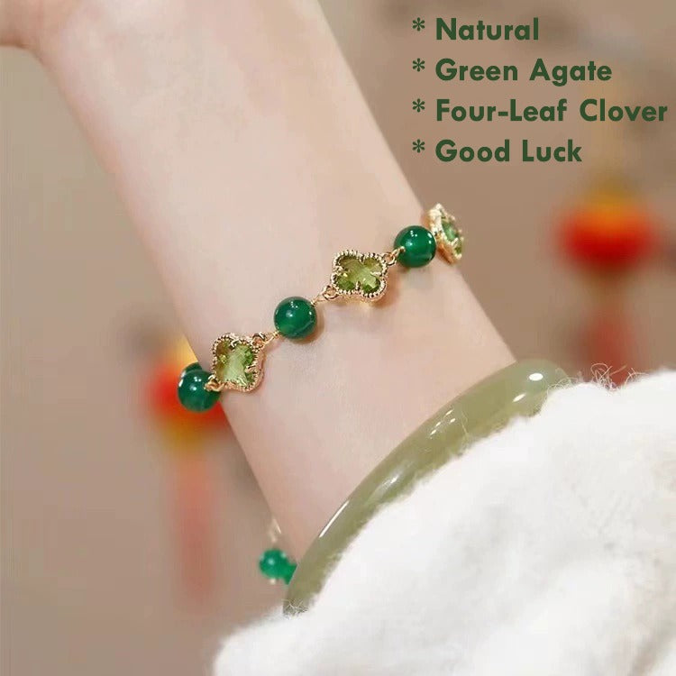 Green Agate Four-Leaf Clover Bracelet for Women