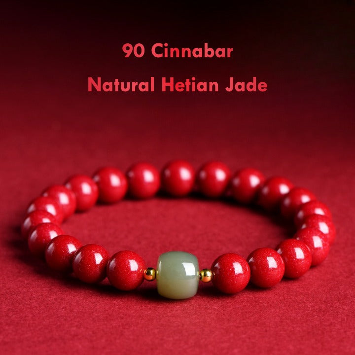 Natural cinnabar and Hetian jade energy bracelet for layering with red string bracelets