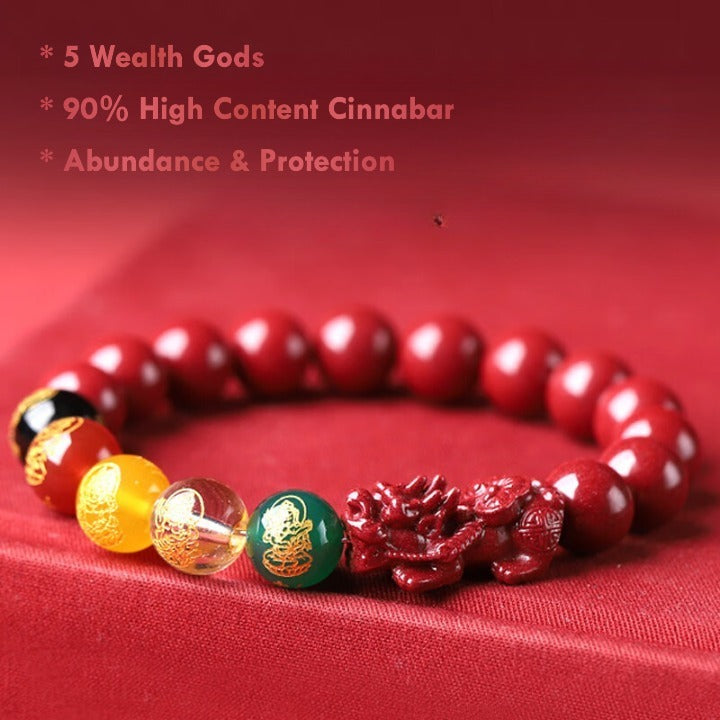 High-content cinnabar Pixiu feng shui bracelet with five wealth gods charms